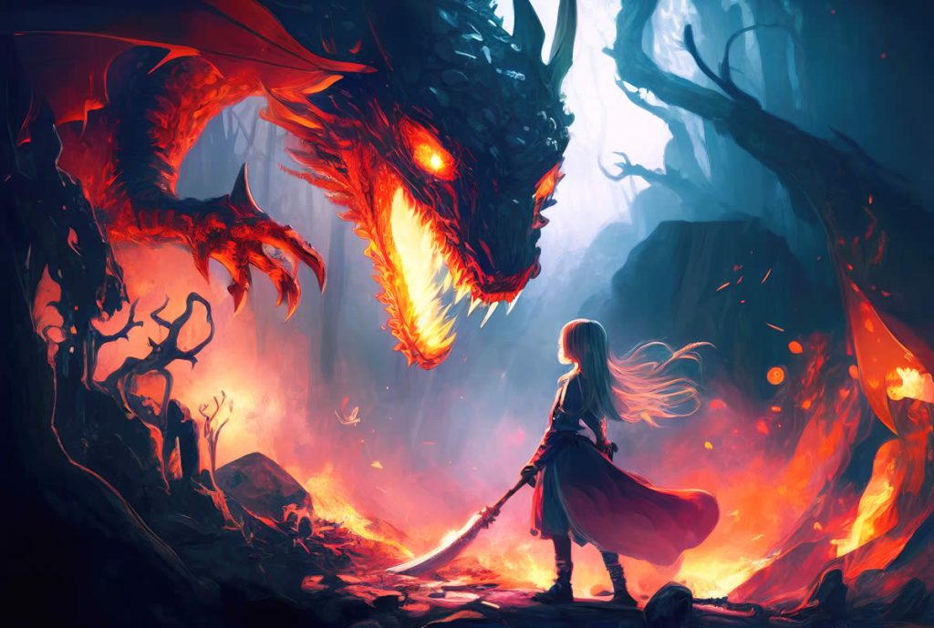 Dragon looking at a woman with blade